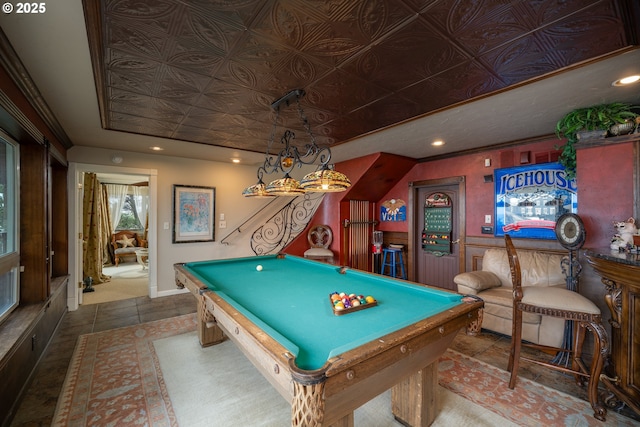 playroom featuring billiards, tile patterned floors, and a tray ceiling