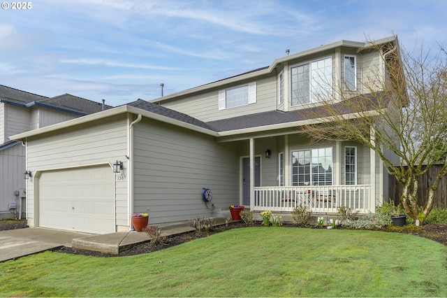 1367 Cramner St, Lafayette, OR 97127 - traditional home with a porch, an attached garage, concrete driveway, a front lawn, and roof with shingles