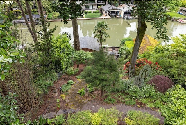 view of yard with a water view and a boat dock