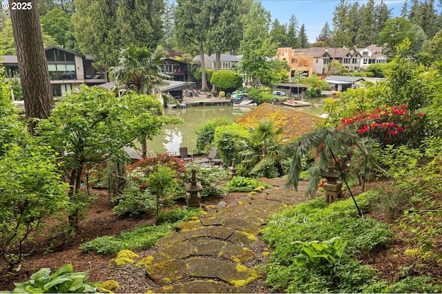 view of yard with a residential view and a dock