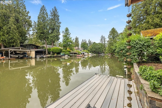 dock area with a water view and view of scattered trees