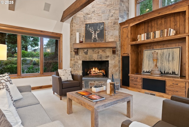 living room featuring a fireplace, a high ceiling, and light carpet