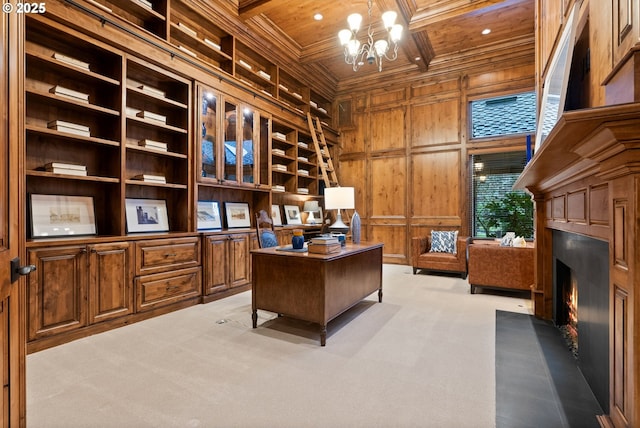 carpeted office space featuring beamed ceiling, wooden walls, and wood ceiling