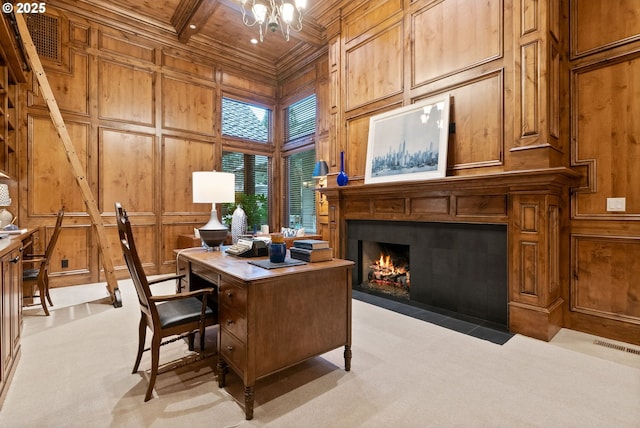 office with beamed ceiling, light carpet, wooden walls, and coffered ceiling