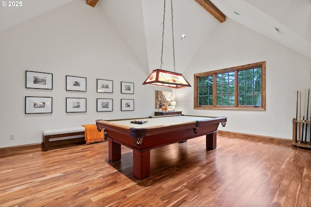 rec room with beam ceiling, high vaulted ceiling, wood-type flooring, and billiards