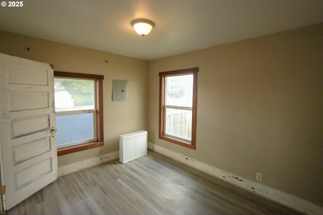 unfurnished room featuring electric panel, plenty of natural light, baseboards, and light wood-type flooring