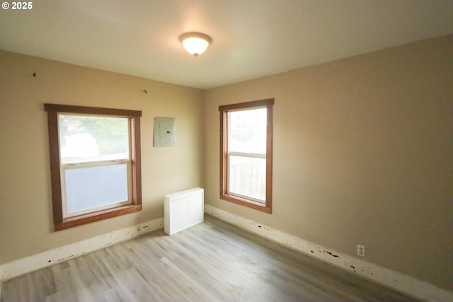 unfurnished room with electric panel, plenty of natural light, and light wood finished floors