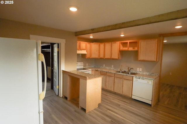 kitchen featuring light brown cabinets, under cabinet range hood, beamed ceiling, white appliances, and a sink