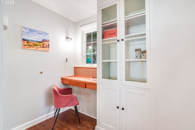 6209 SE 13th Ave, Portland, OR 97202 - home office featuring baseboards, dark wood-style floors, and ornamental molding