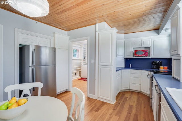 6209 SE 13th Ave, Portland, OR 97202 - kitchen featuring appliances with stainless steel finishes, wood ceiling, white cabinets, light wood-style floors, and dark countertops