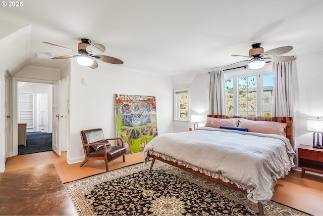 6209 SE 13th Ave, Portland, OR 97202 - bedroom with vaulted ceiling, light wood-style flooring, and ceiling fan