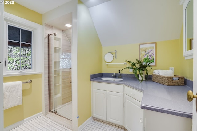 6209 SE 13th Ave, Portland, OR 97202 - full bath with healthy amount of natural light, baseboards, a shower stall, and lofted ceiling