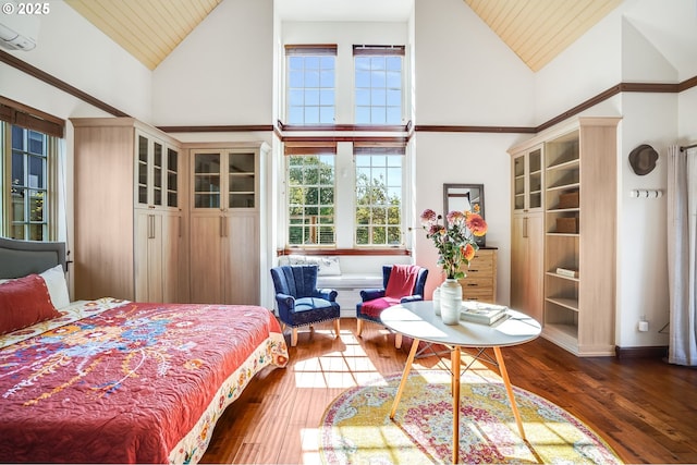 6209 SE 13th Ave, Portland, OR 97202 - bedroom with high vaulted ceiling, wood-type flooring, and wood ceiling