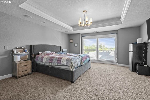 2021 Pikes Pass Ct, Salem, OR 97306 - carpeted bedroom with a raised ceiling, ornamental molding, a textured ceiling, a chandelier, and access to exterior