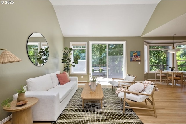 13037 SW Ascension Dr, Portland, OR 97223 - living area with lofted ceiling, wood finished floors, and baseboards
