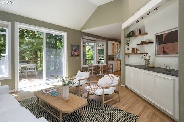 13037 SW Ascension Dr, Portland, OR 97223 - living area featuring light wood-style flooring and vaulted ceiling