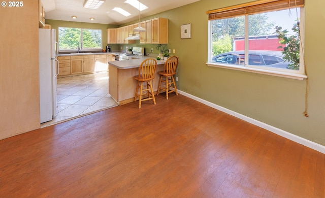 kitchen featuring stove, light brown cabinets, a sink, freestanding refrigerator, and light wood-type flooring