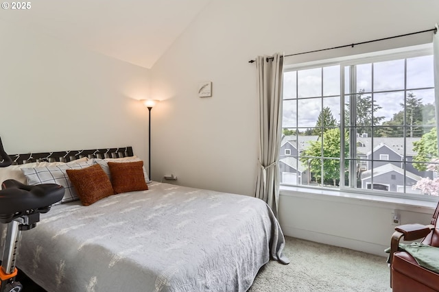 carpeted bedroom with multiple windows and lofted ceiling