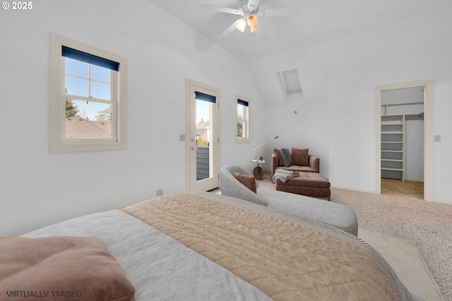 bedroom with vaulted ceiling, carpet floors, a walk in closet, access to exterior, and ceiling fan