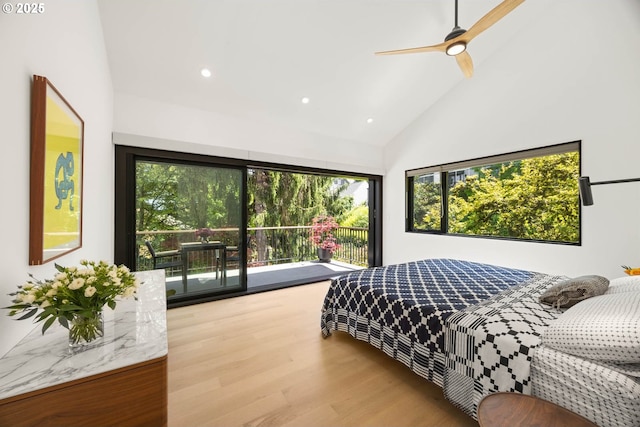 2930 NW Quimby St, Portland, OR 97210 - bedroom featuring access to outside, high vaulted ceiling, recessed lighting, wood finished floors, and ceiling fan