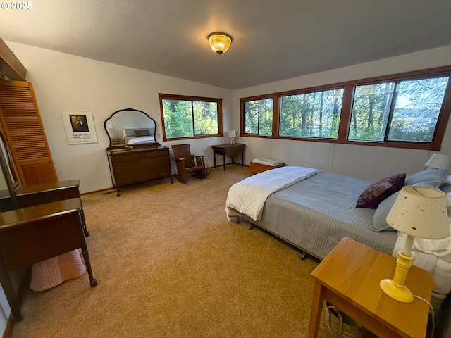 bedroom featuring vaulted ceiling and light carpet