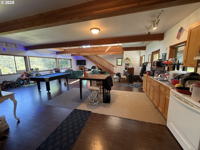 playroom with beam ceiling, hardwood / wood-style floors, and pool table