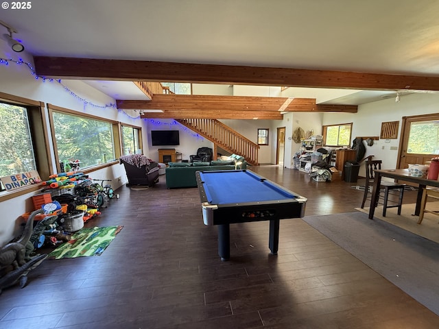 game room with beamed ceiling, pool table, and wood finished floors