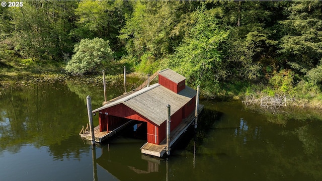 dock area with a water view and a view of trees