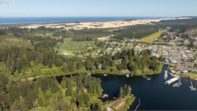 aerial view featuring a wooded view and a water view