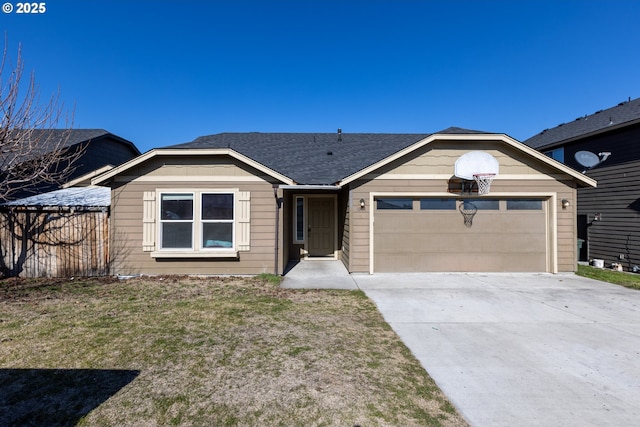 single story home with a garage, concrete driveway, a front lawn, and fence