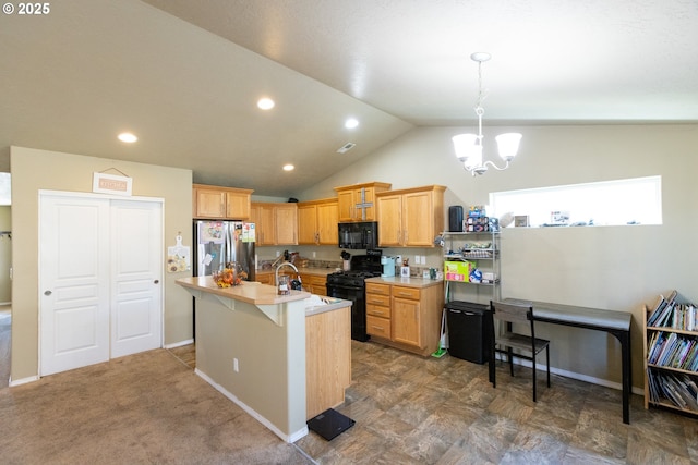 kitchen with an inviting chandelier, a kitchen island with sink, vaulted ceiling, light countertops, and black appliances