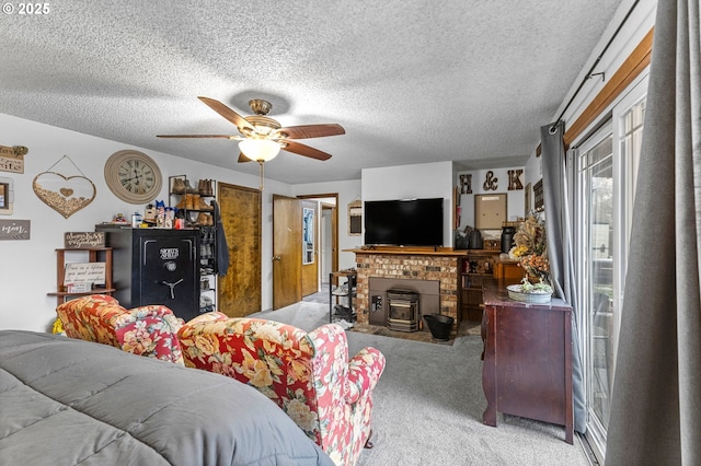 living room with ceiling fan, light colored carpet, and a textured ceiling