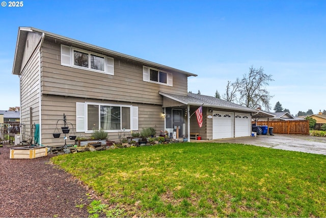 front facade with a garage and a front lawn