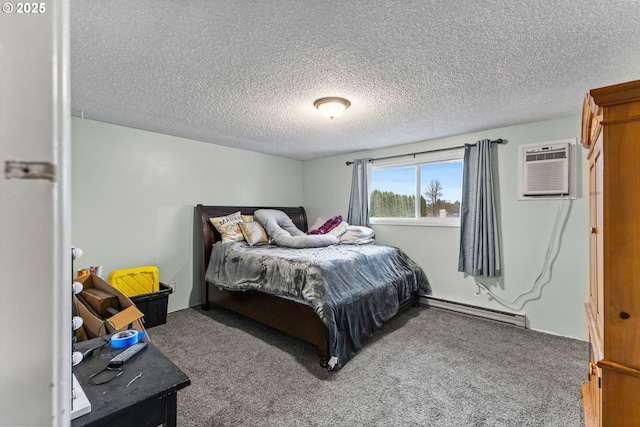 bedroom with carpet, a baseboard heating unit, a wall mounted air conditioner, and a textured ceiling