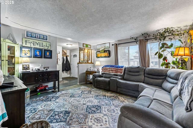 living room featuring a textured ceiling