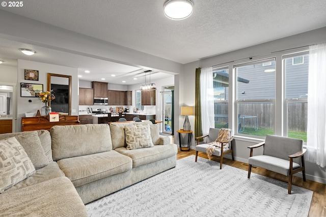 living room with a textured ceiling, light hardwood / wood-style floors, and plenty of natural light