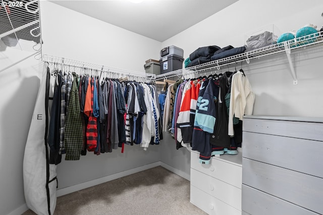 walk in closet with light carpet