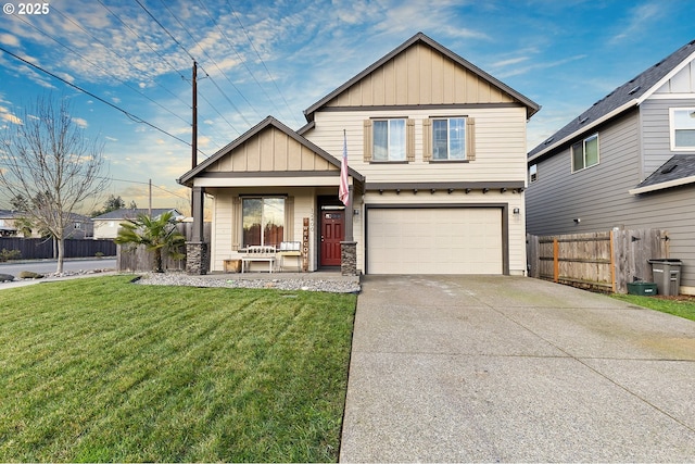 craftsman-style house with a front lawn, covered porch, and a garage