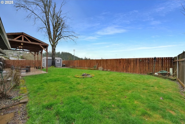 view of yard featuring an outbuilding, a patio area, a fenced backyard, and a storage shed