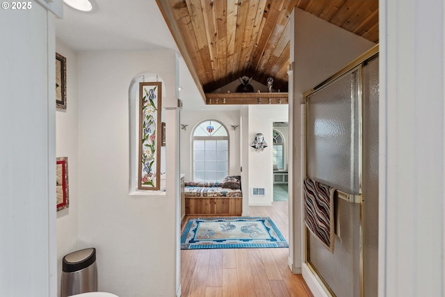 93652 E Blue Bird Ln, North Bend, OR 97459 - bathroom featuring wood ceiling, wood finished floors, and lofted ceiling