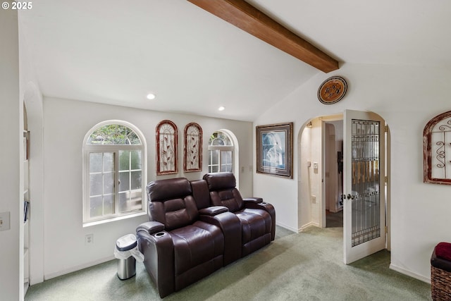 93652 E Blue Bird Ln, North Bend, OR 97459 - living room featuring arched walkways, carpet floors, recessed lighting, and baseboards