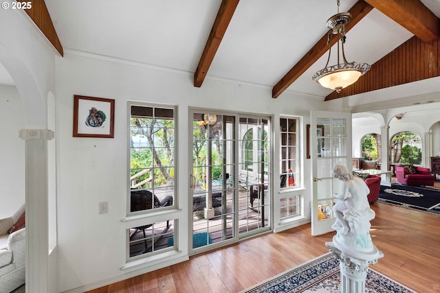 93652 E Blue Bird Ln, North Bend, OR 97459 - doorway to outside with arched walkways and wood finished floors