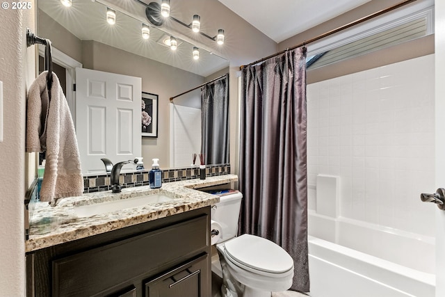 full bathroom with toilet, vanity, and shower / bathtub combination with curtain