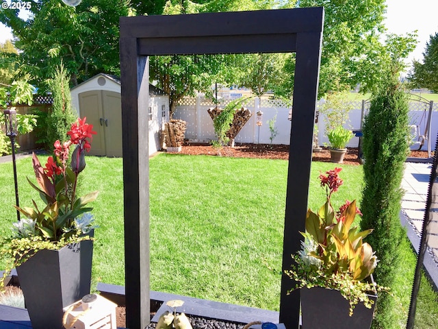 view of yard featuring a storage unit