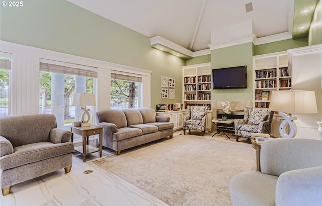 living room with high vaulted ceiling and built in shelves