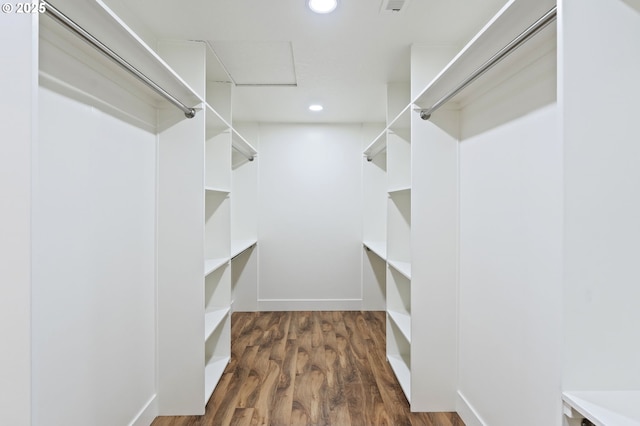 spacious closet featuring dark hardwood / wood-style floors