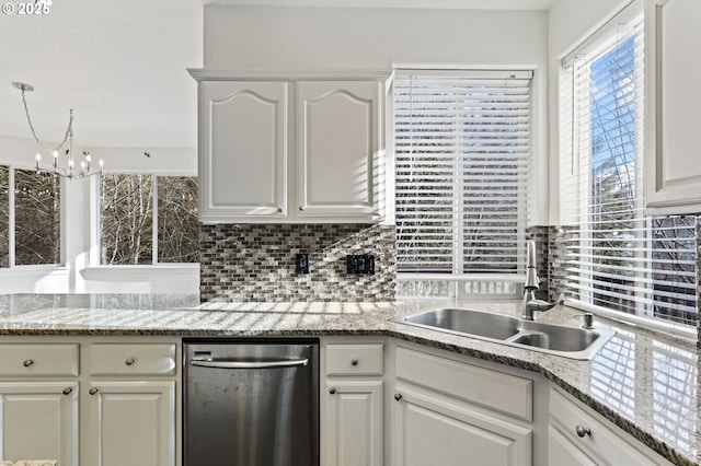 kitchen featuring sink, white cabinetry, tasteful backsplash, dishwasher, and light stone countertops