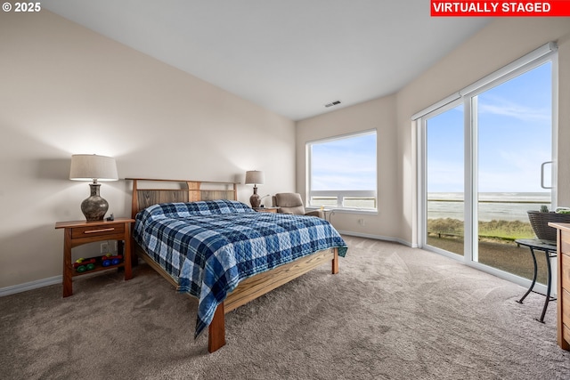 carpeted bedroom with multiple windows and a water view