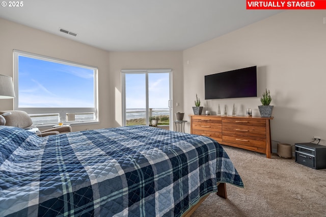 carpeted bedroom with a water view