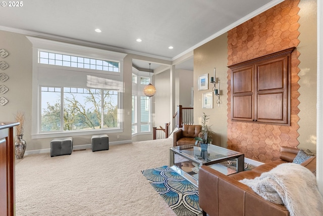 living room featuring crown molding and carpet floors